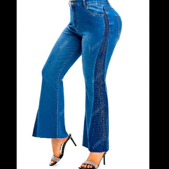 Rosegal Blue Flare Jeans with Glitter Detail - Picture 2 of 9